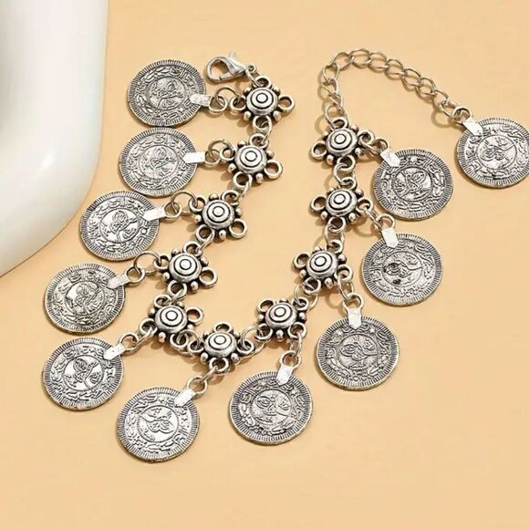 1pc Bohemian Style Flower Coin Pendant Ankle Silvery Bracelet - Picture 2 of 6